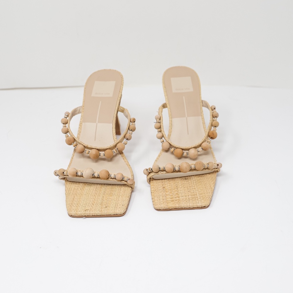 NEW Dolce Vita Wood Beaded Embellished Straw Raffia Woven Heel Sandals Shoes 8 - Picture 2 of 4